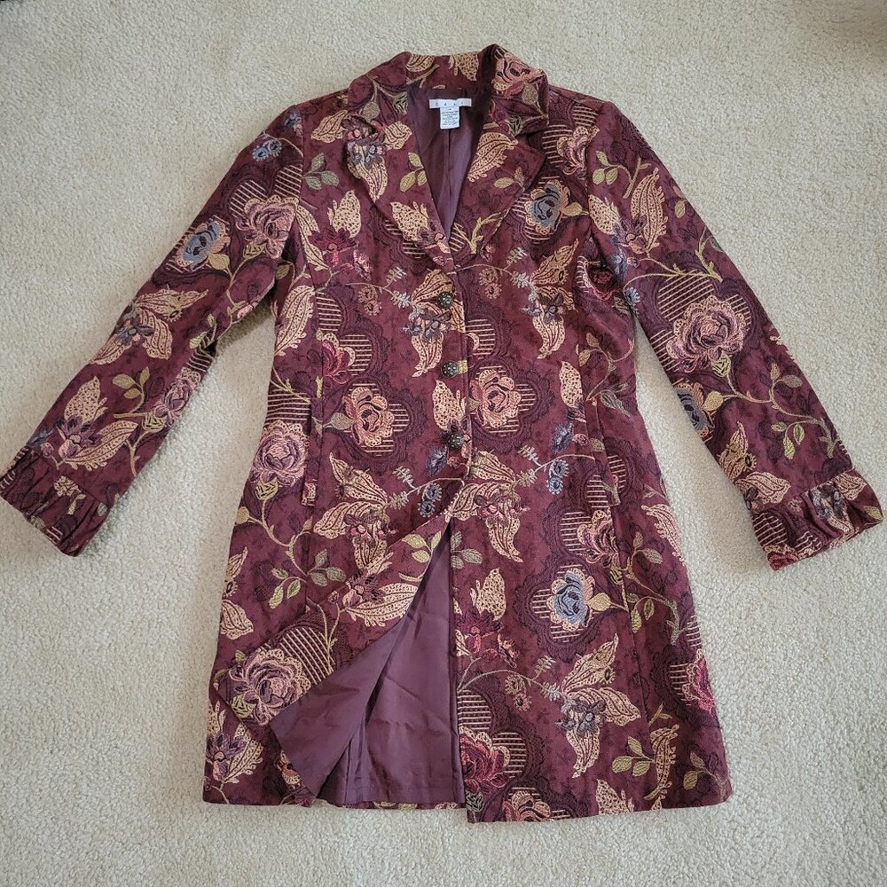 CAbi Floral Trench Coat in Burgundy and Pink